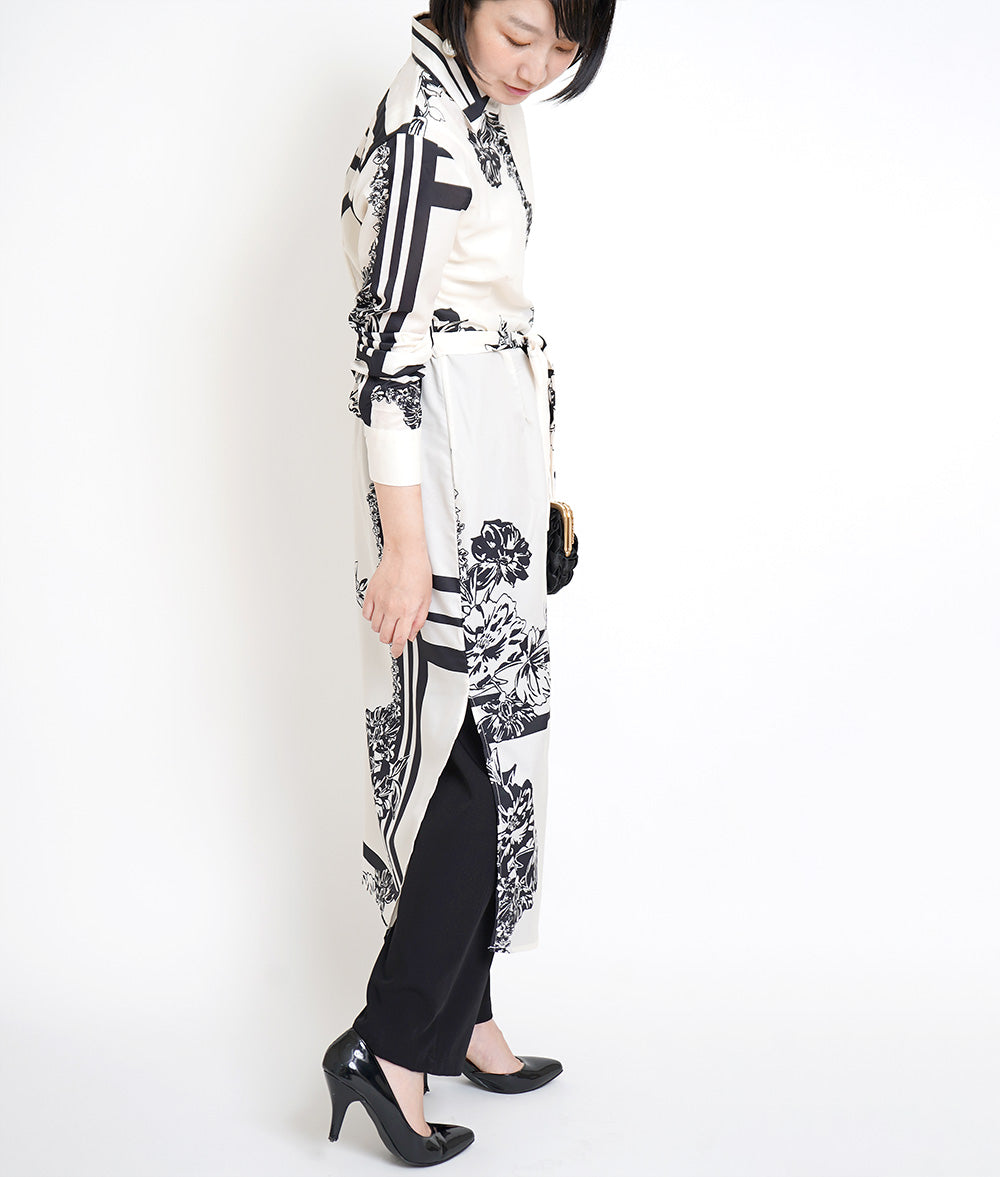 Monotone flower long shirt dress