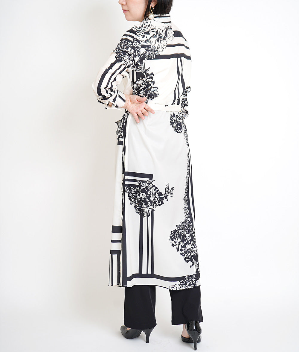 Monotone flower long shirt dress