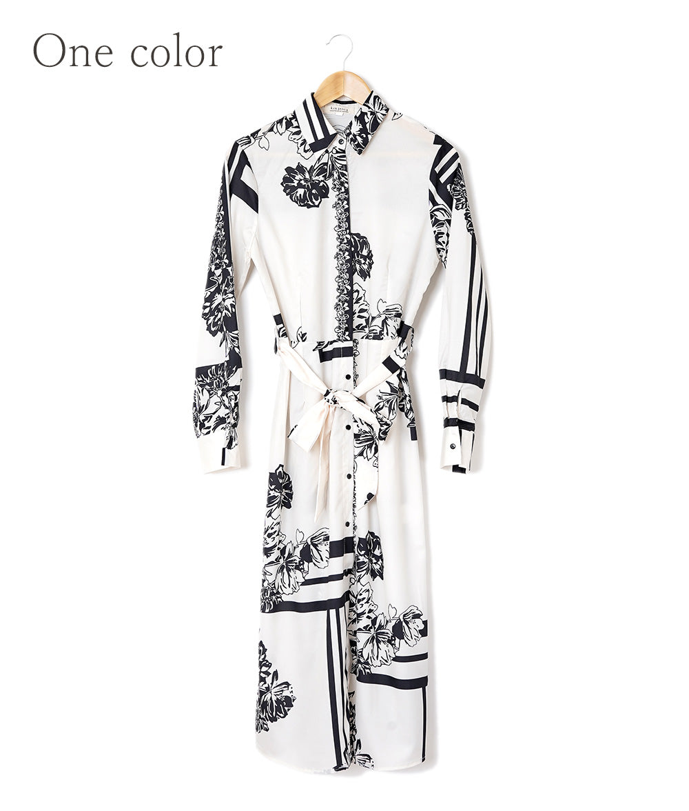 Monotone flower long shirt dress