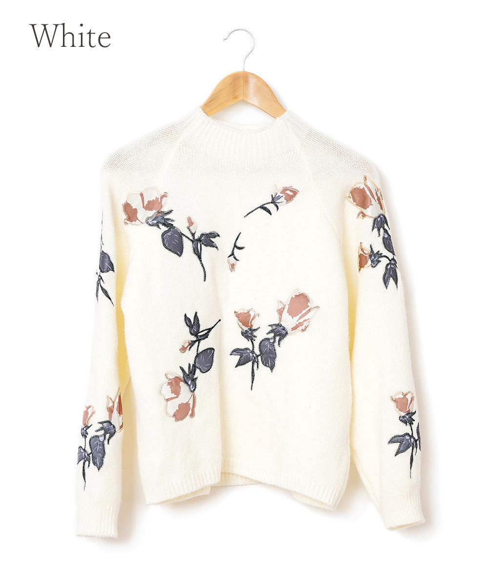 Satin flower embroidered knit