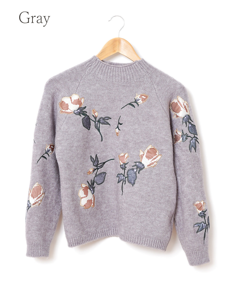 Satin flower embroidered knit