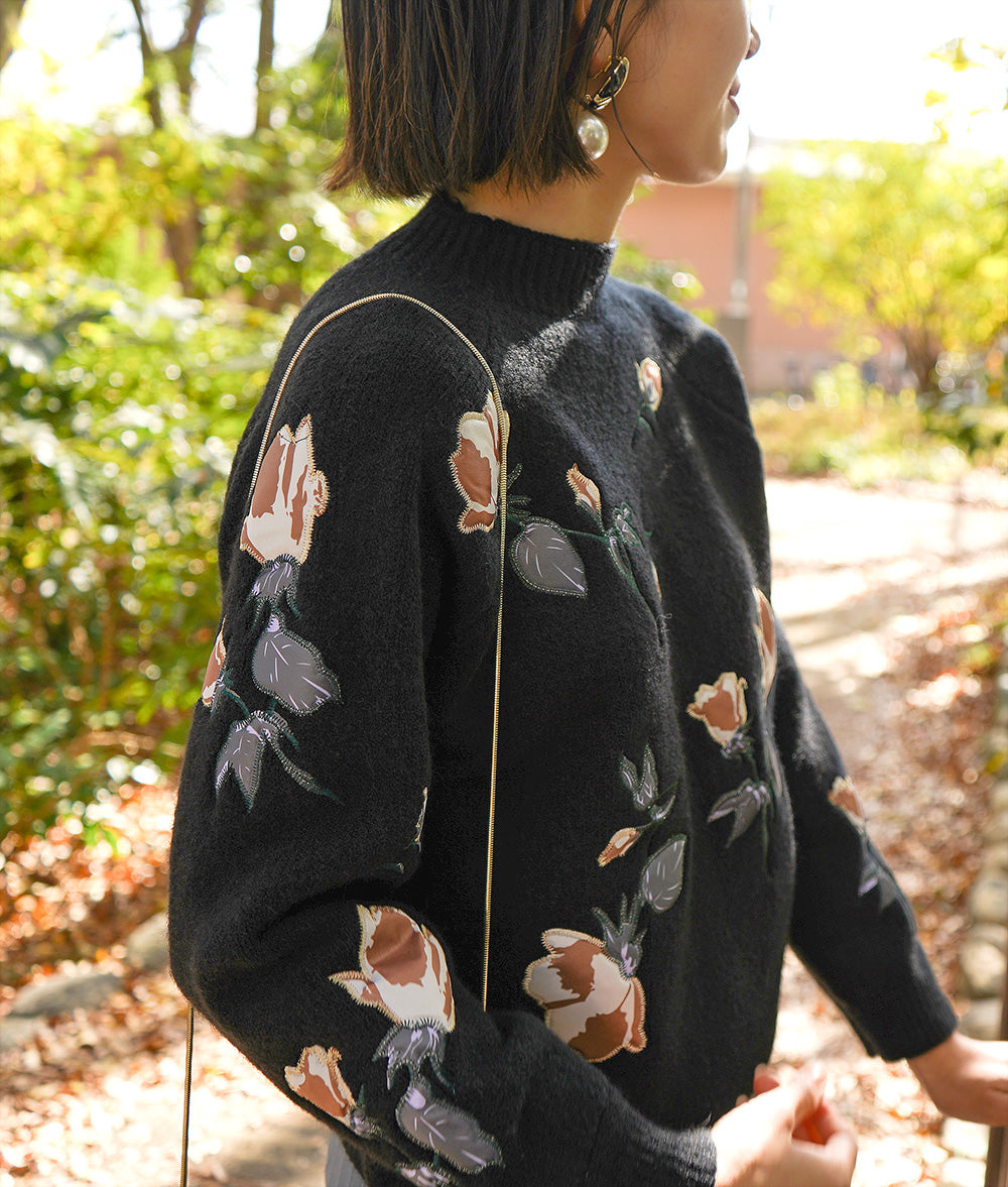 Satin flower embroidered knit