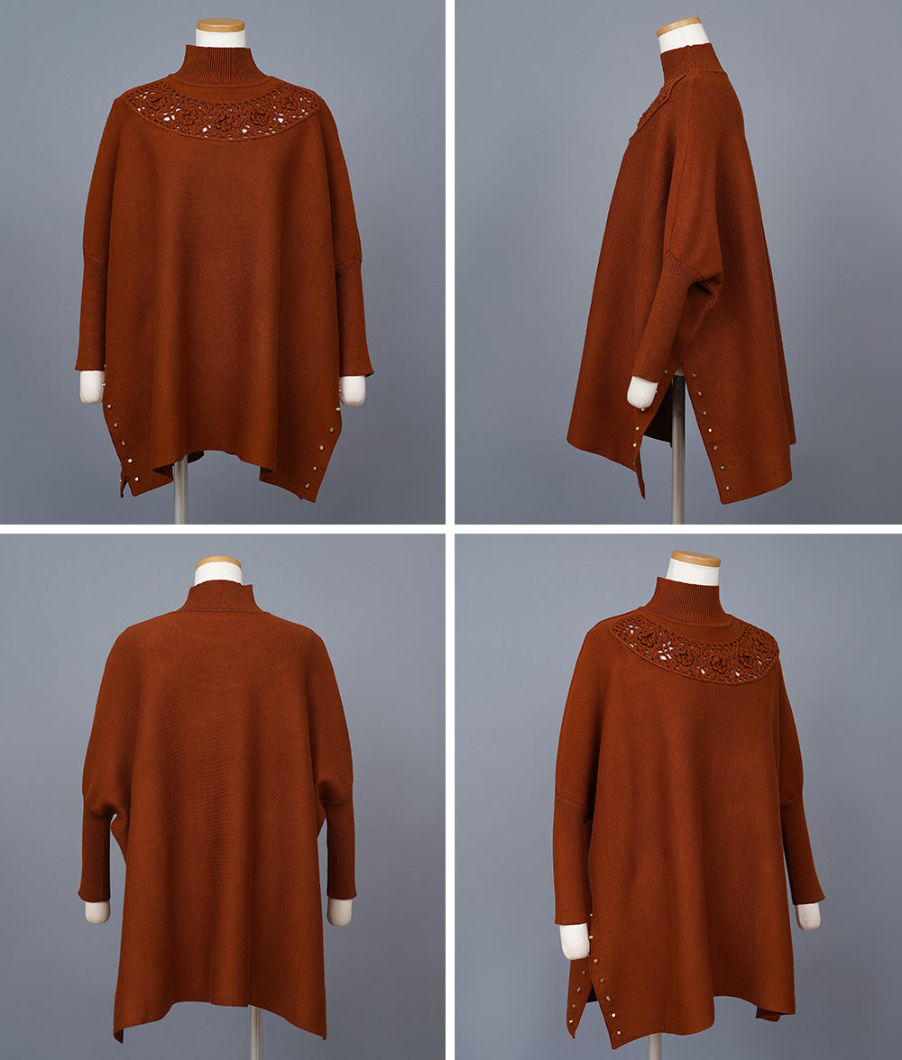 Glittering studs and crochet dolman knit
