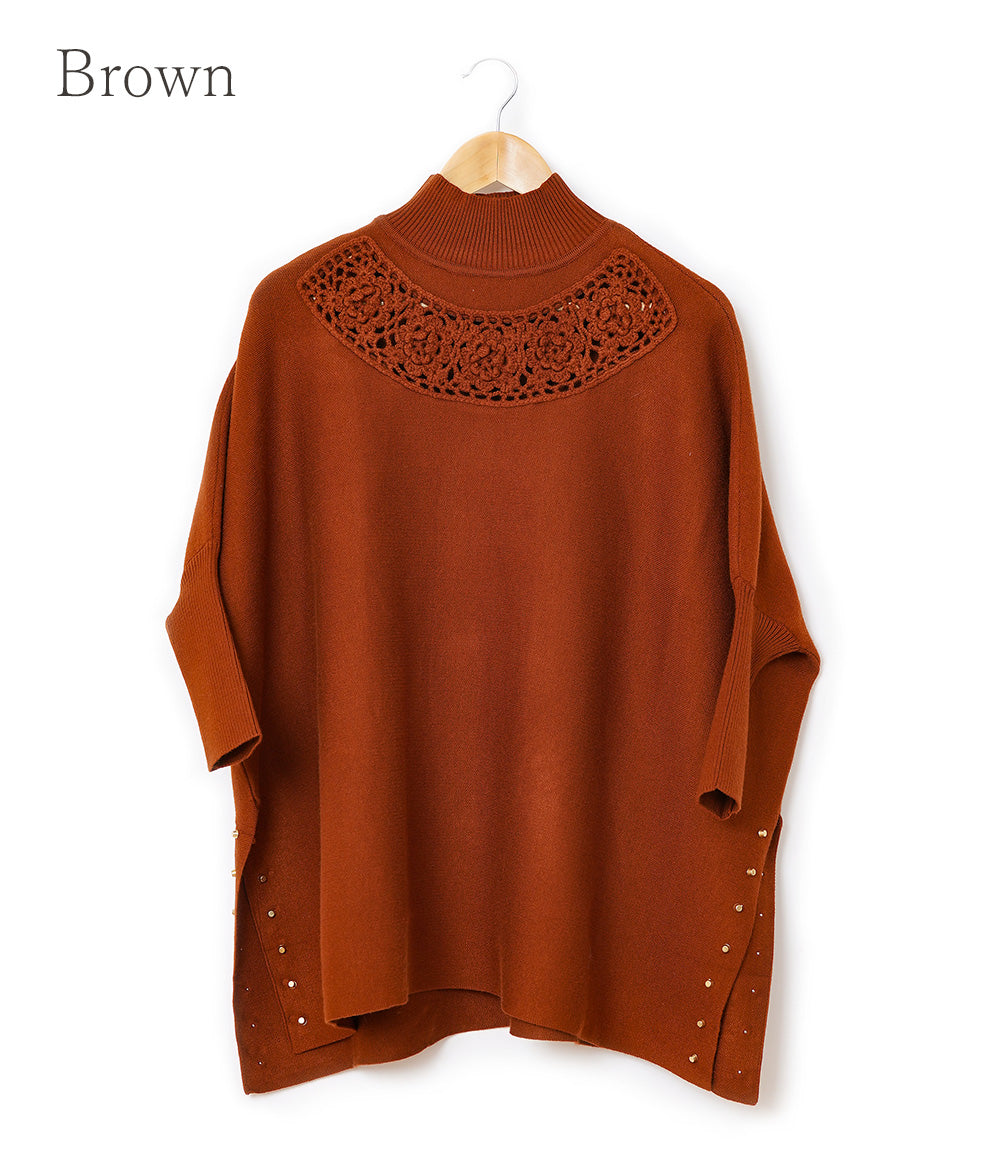 Glittering studs and crochet dolman knit