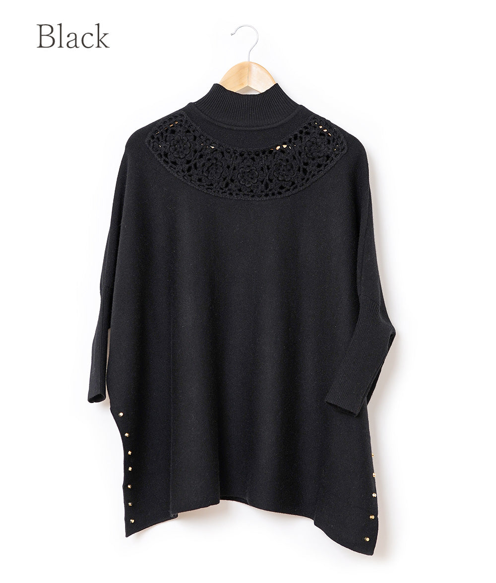 Glittering studs and crochet dolman knit
