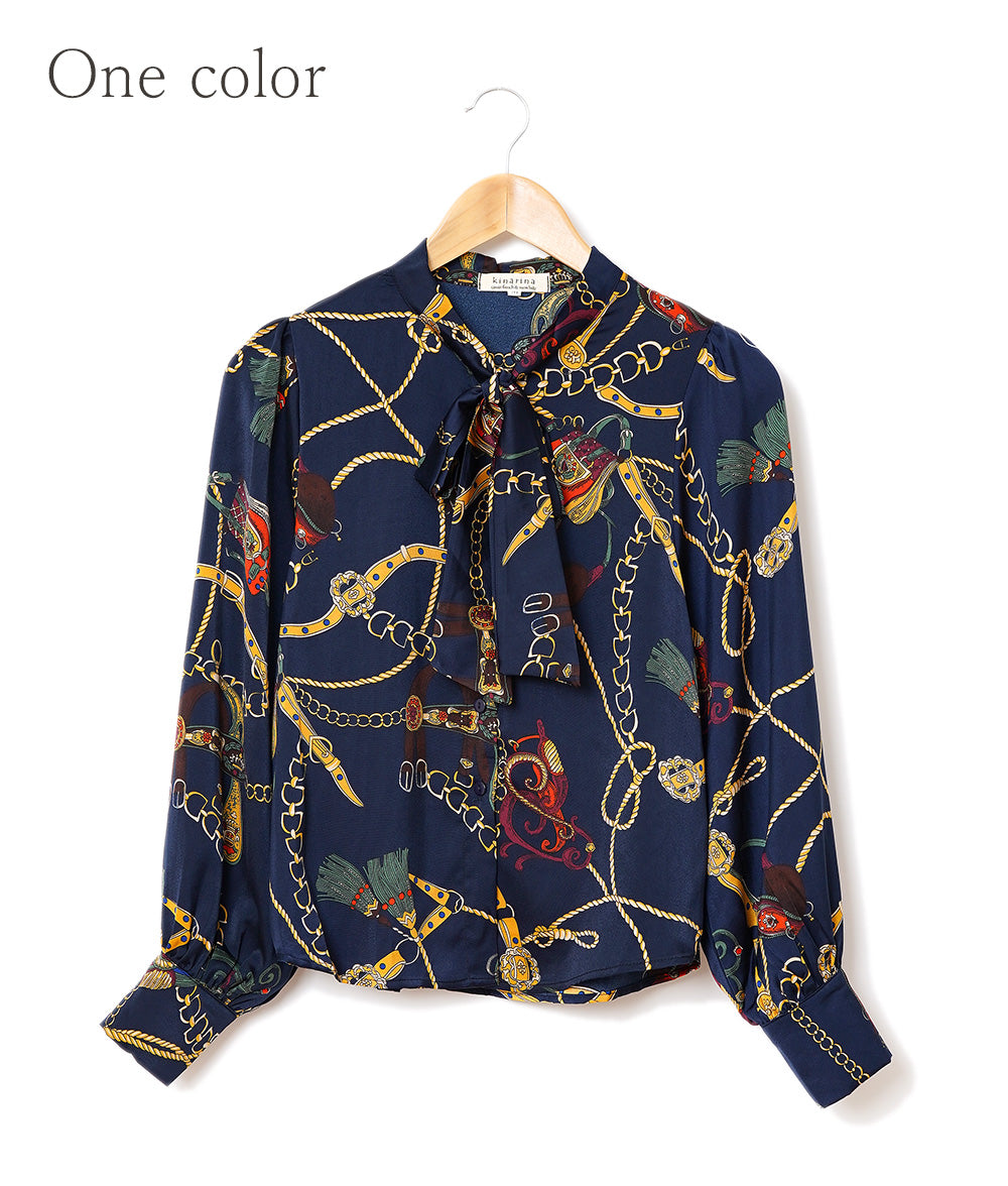 【SALE】Scarf pattern bowtie navy blouse