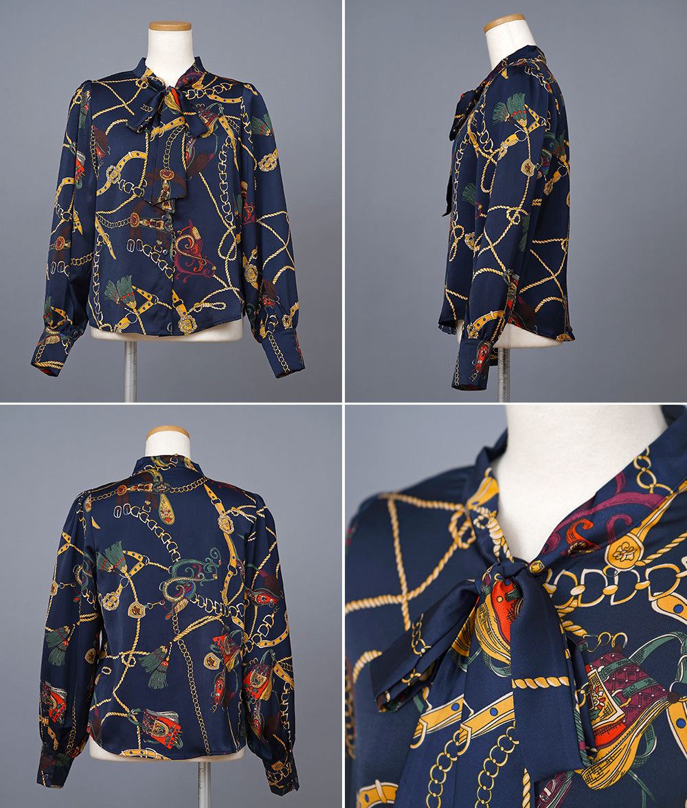 【SALE】Scarf pattern bowtie navy blouse