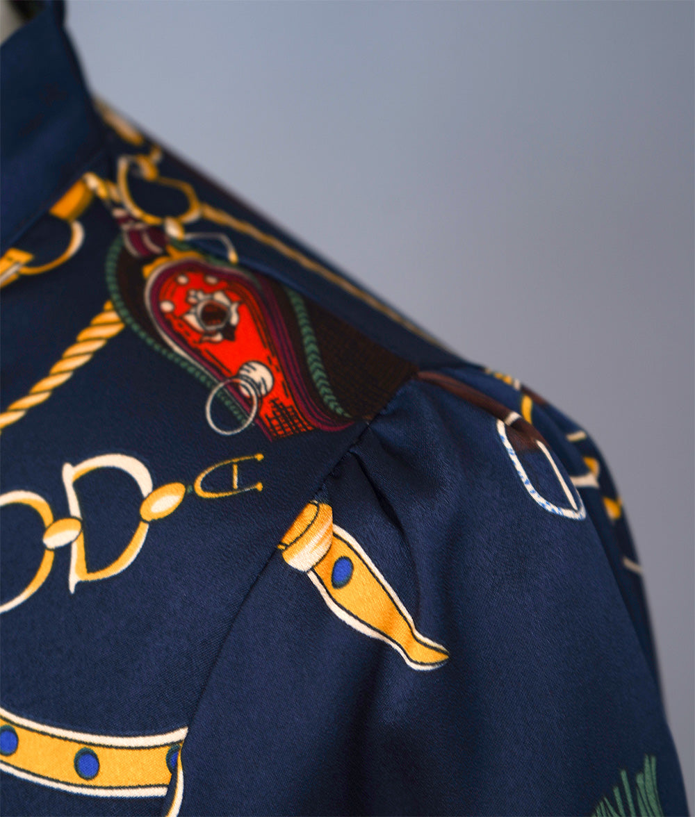 【SALE】Scarf pattern bowtie navy blouse