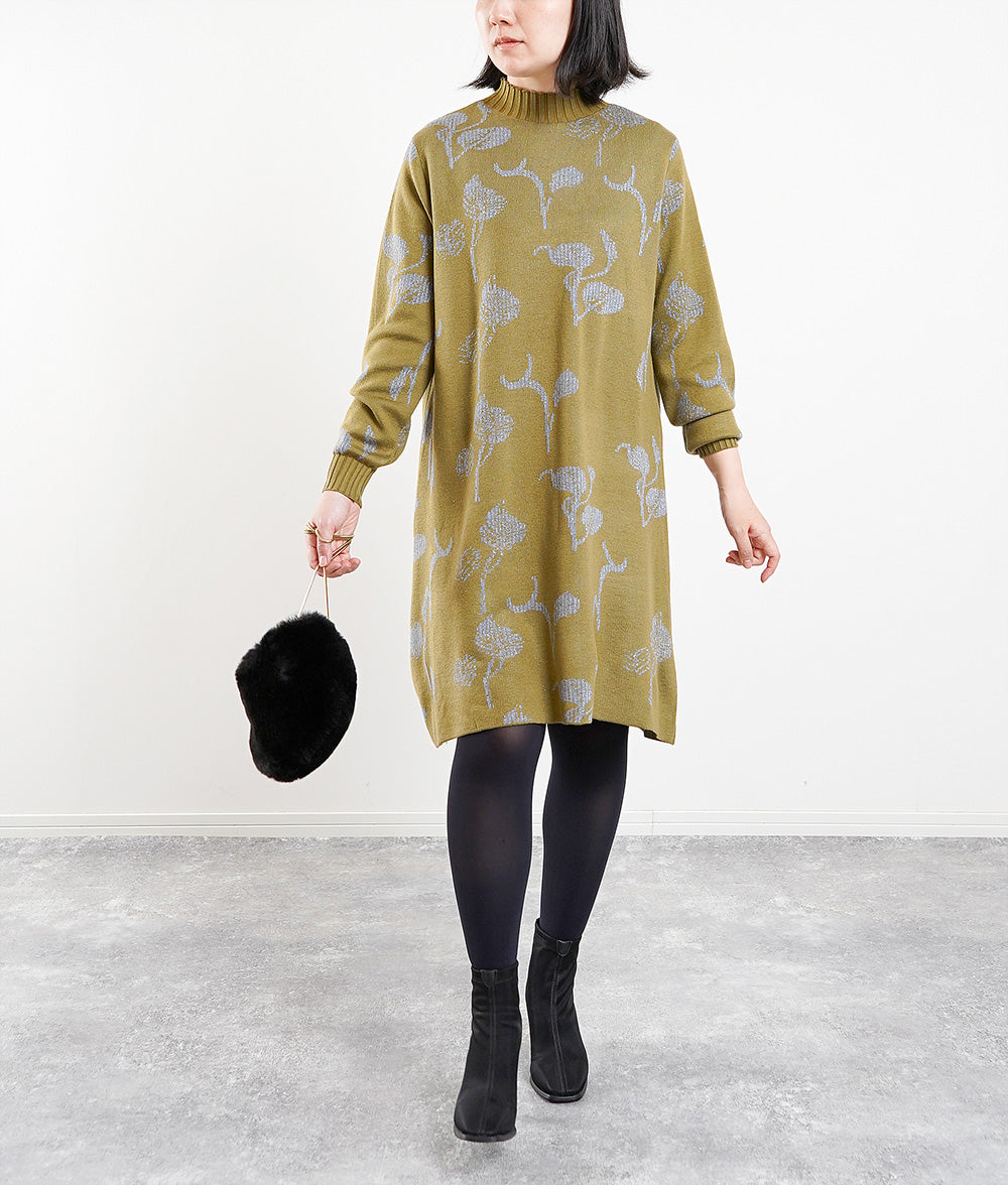 【SALE】Glittering flower-patterned knit dress