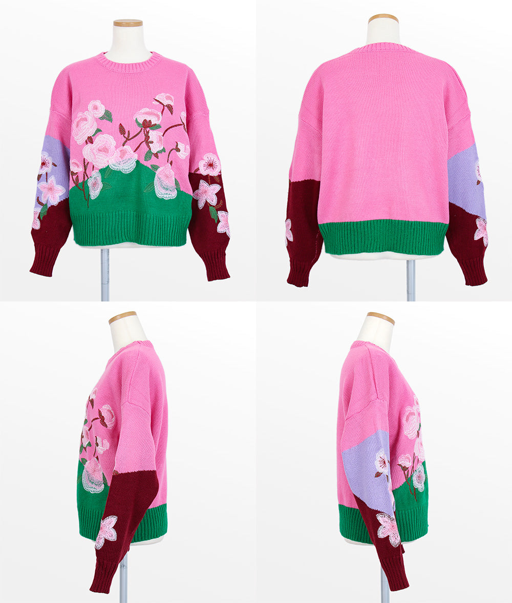 Vivid color embroidery flower knit