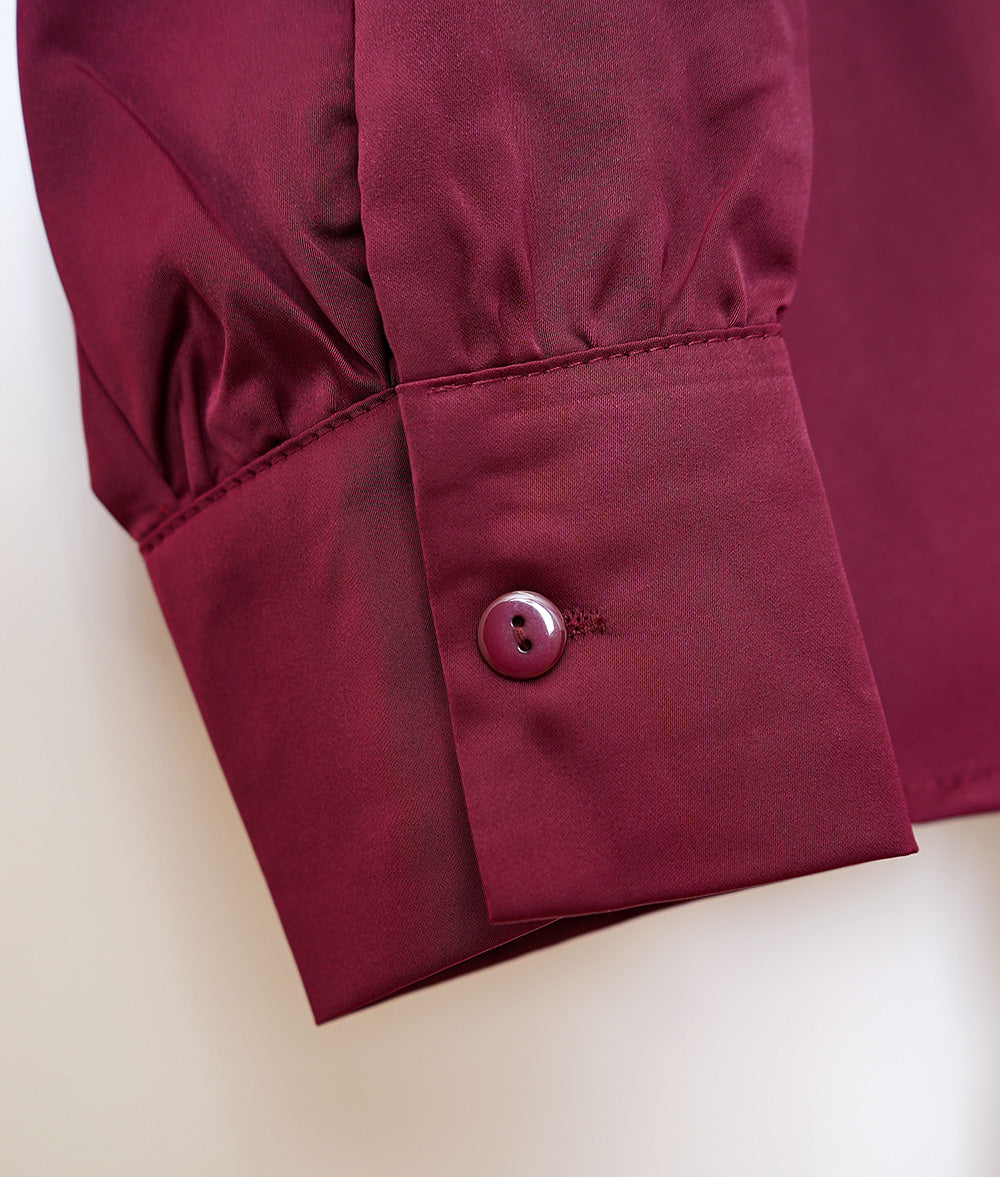 Shiny wine red asymmetric bowtie blouse