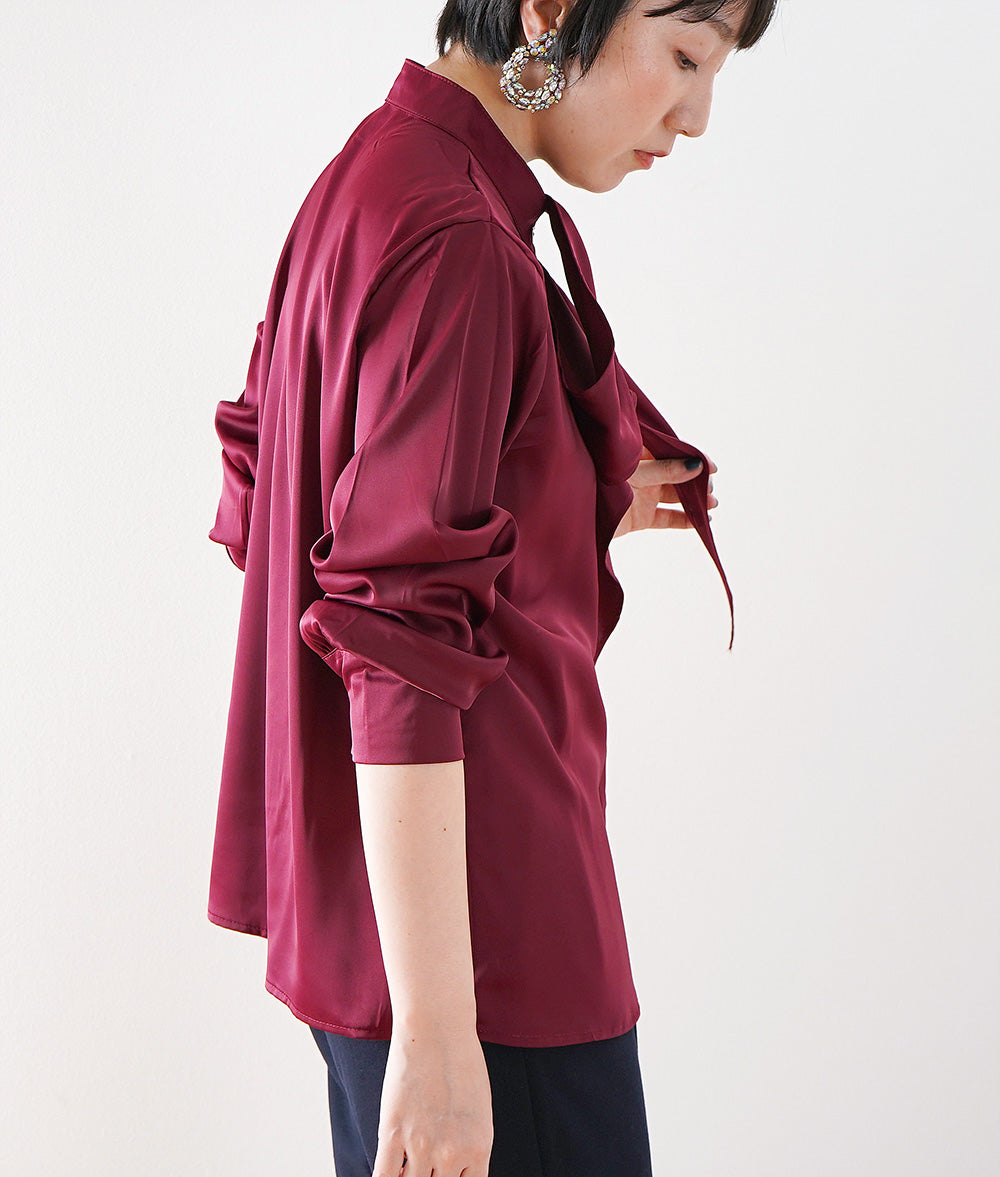 Shiny wine red asymmetric bowtie blouse