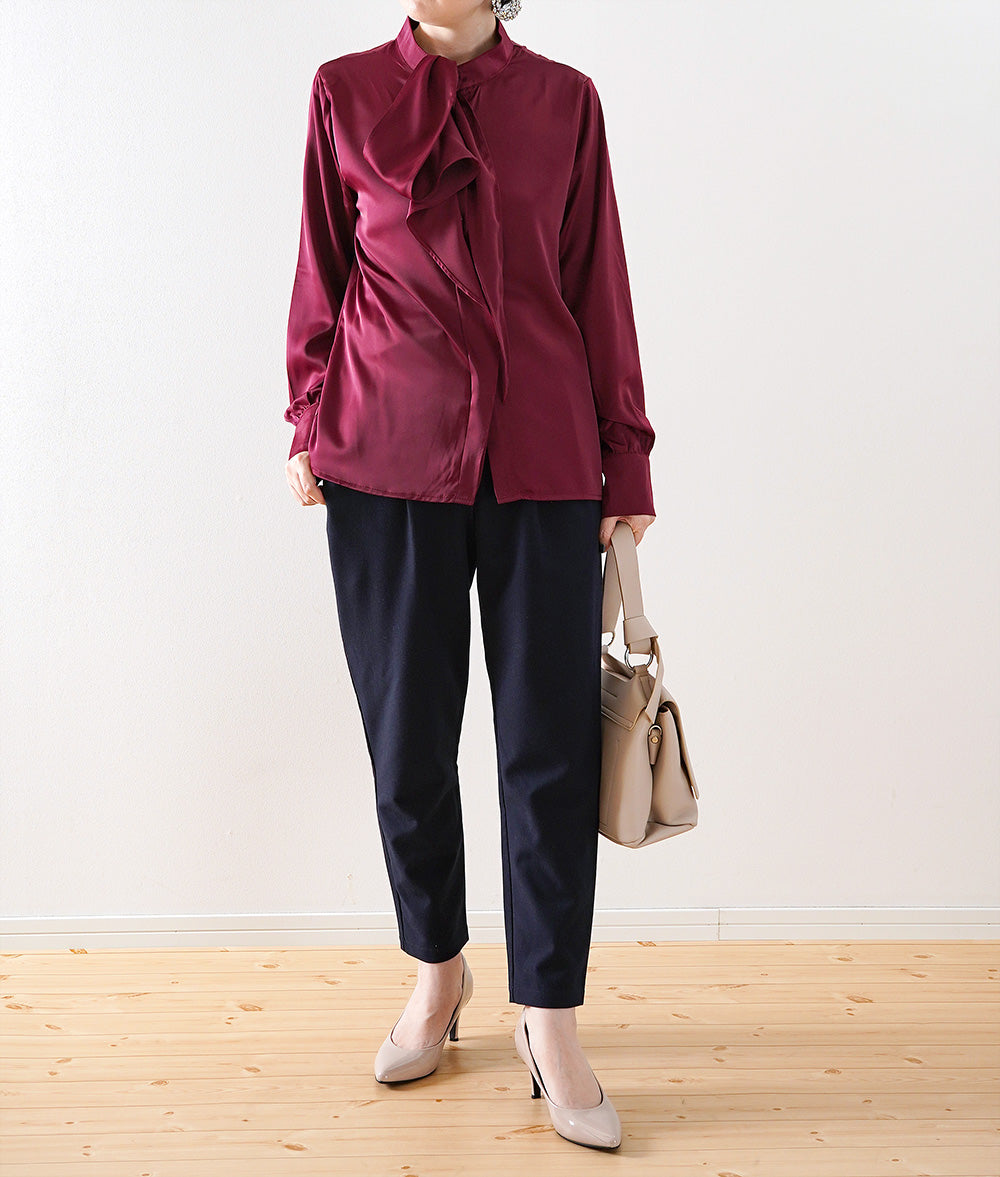 Shiny wine red asymmetric bowtie blouse