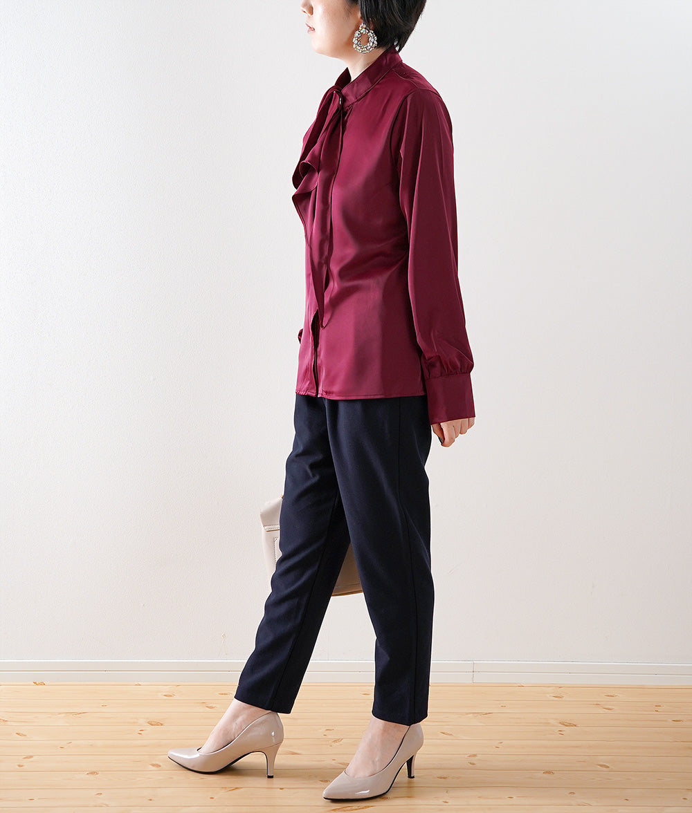 Shiny wine red asymmetric bowtie blouse