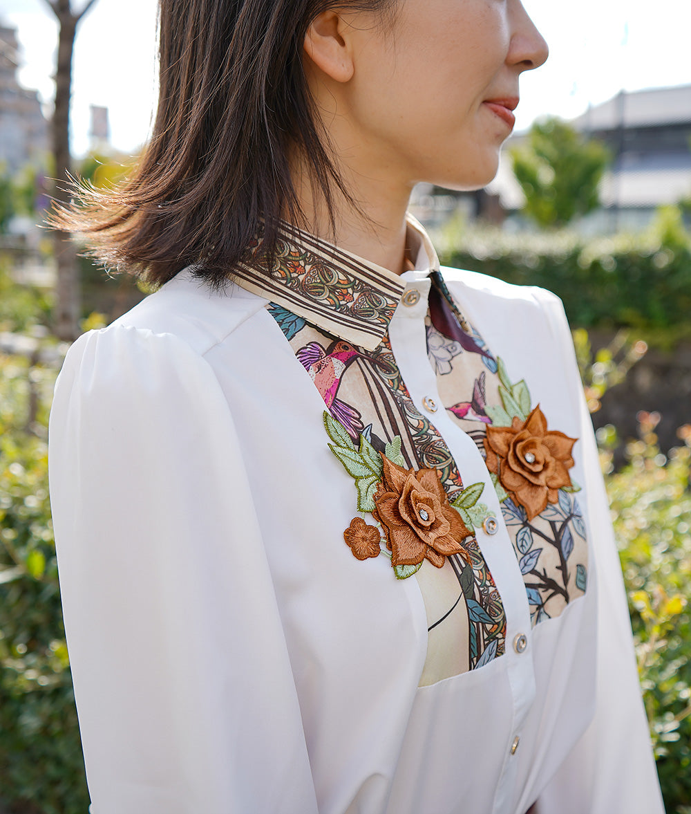 Art nouveau pattern and floral embroidery blouse