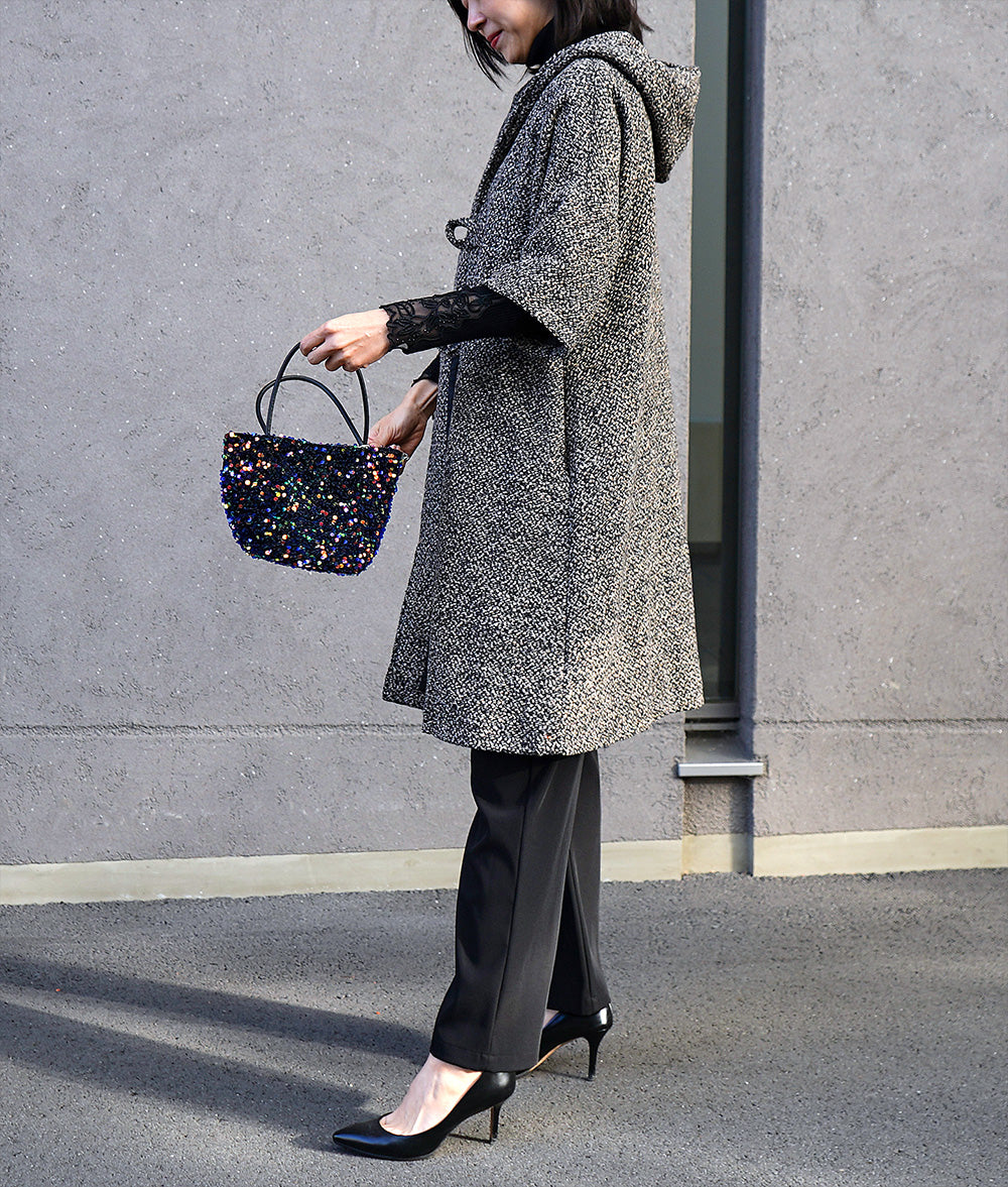 Bun button tweed hooded coat