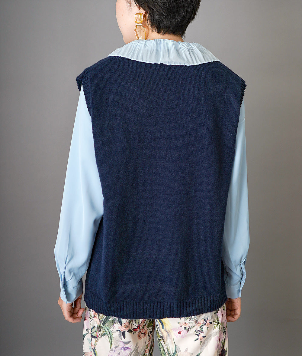 【SALE】Pleated frill blouse and knitted vest