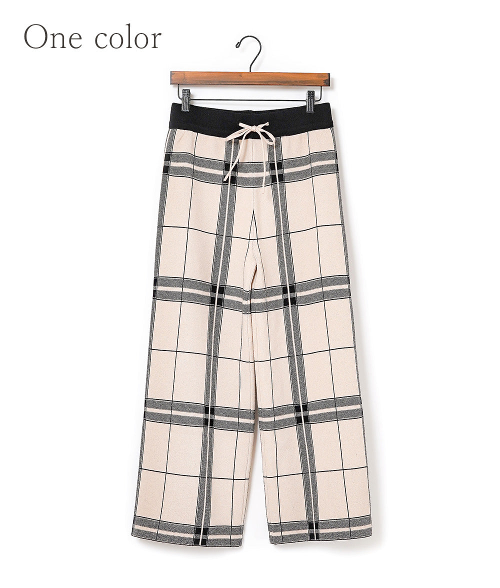 Large check knit wide pants