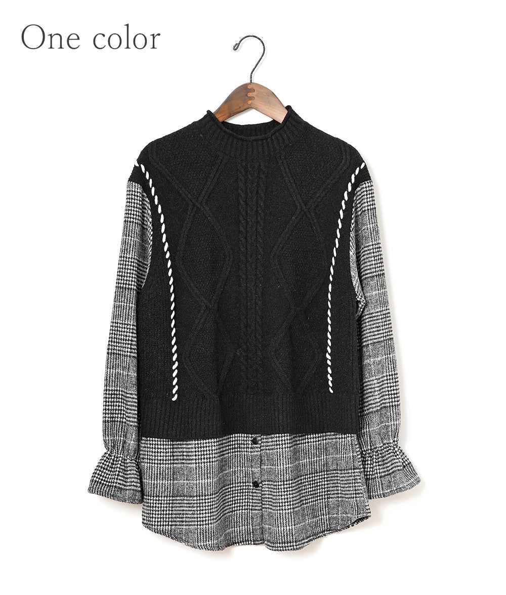 Cable knit and flannel check layered top