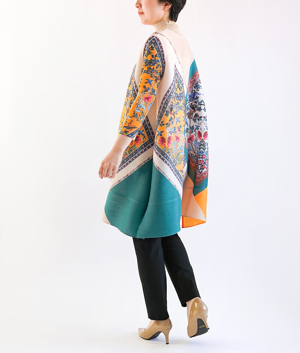 Flower and bird scarf pattern pleated dress