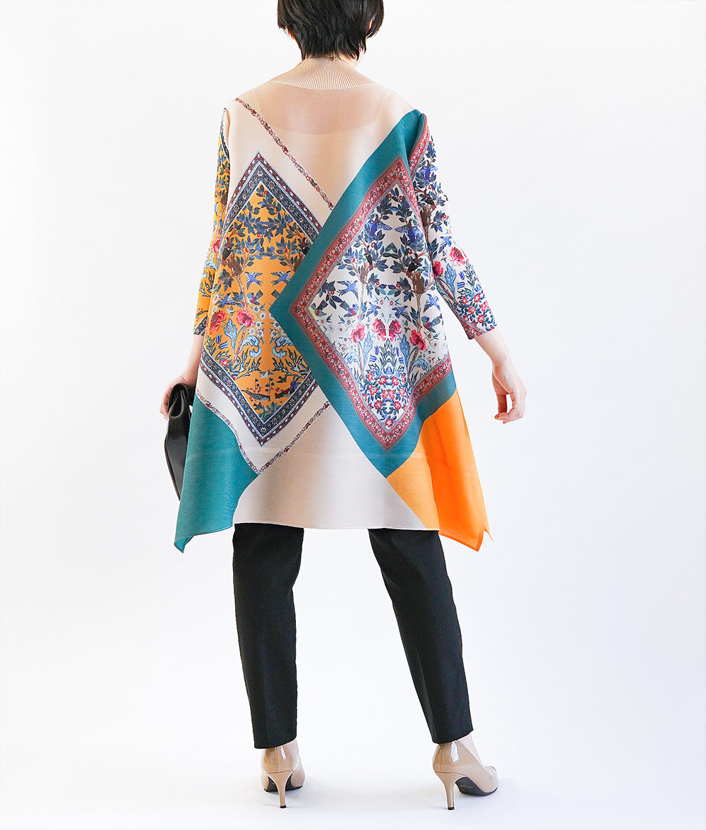 Flower and bird scarf pattern pleated dress