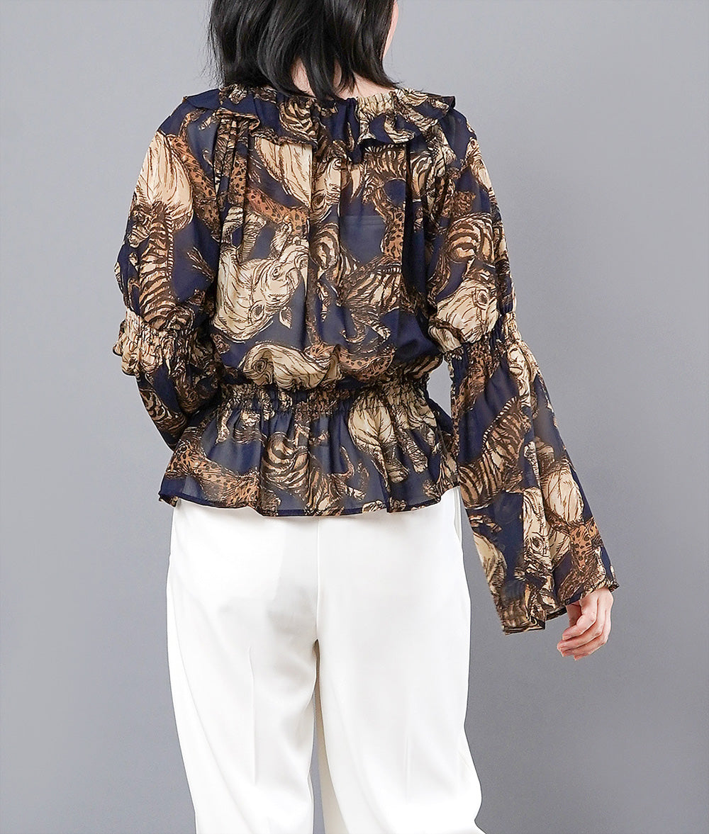 【SALE】Safari print fluffy shirring blouse