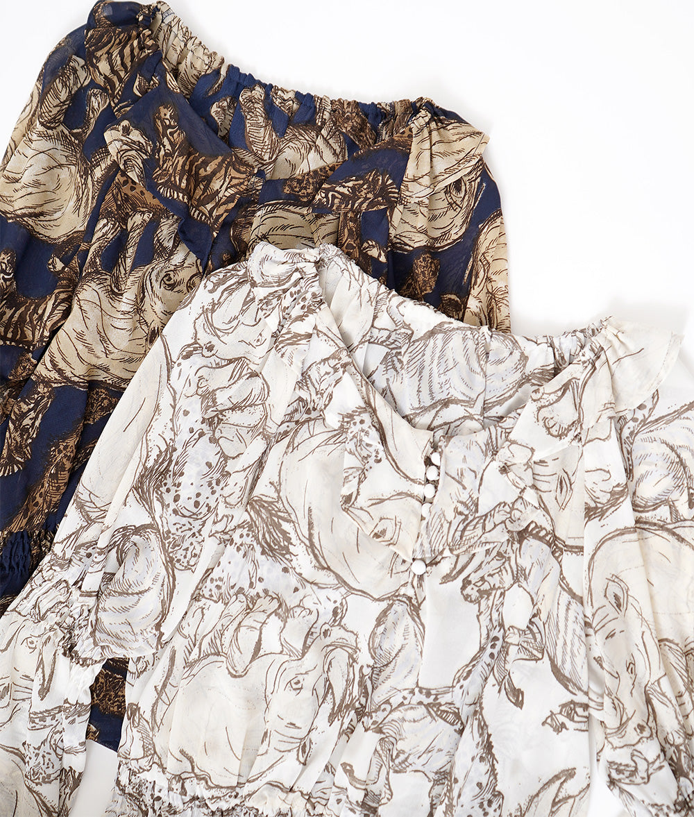【SALE】Safari print fluffy shirring blouse