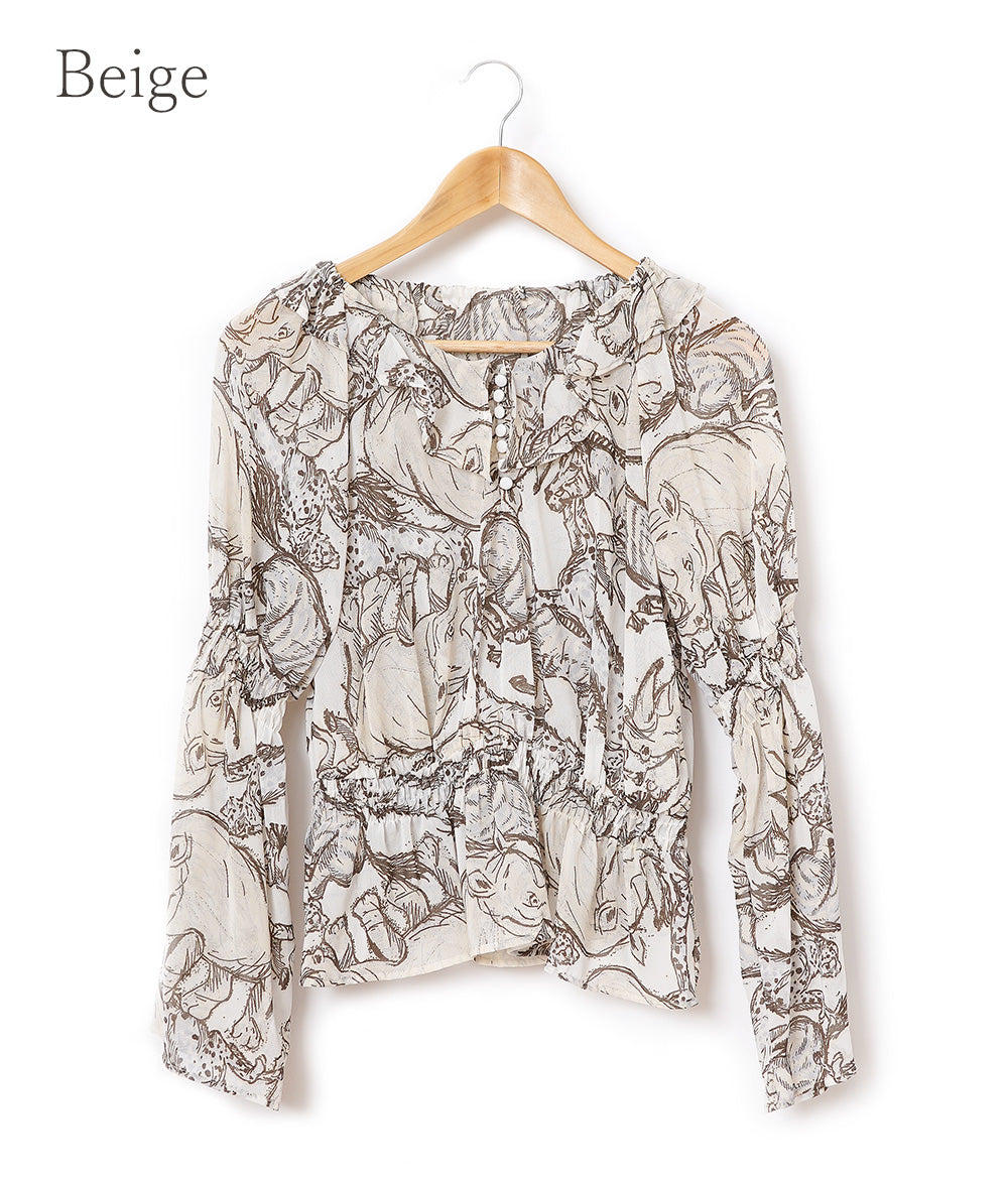 【SALE】Safari print fluffy shirring blouse