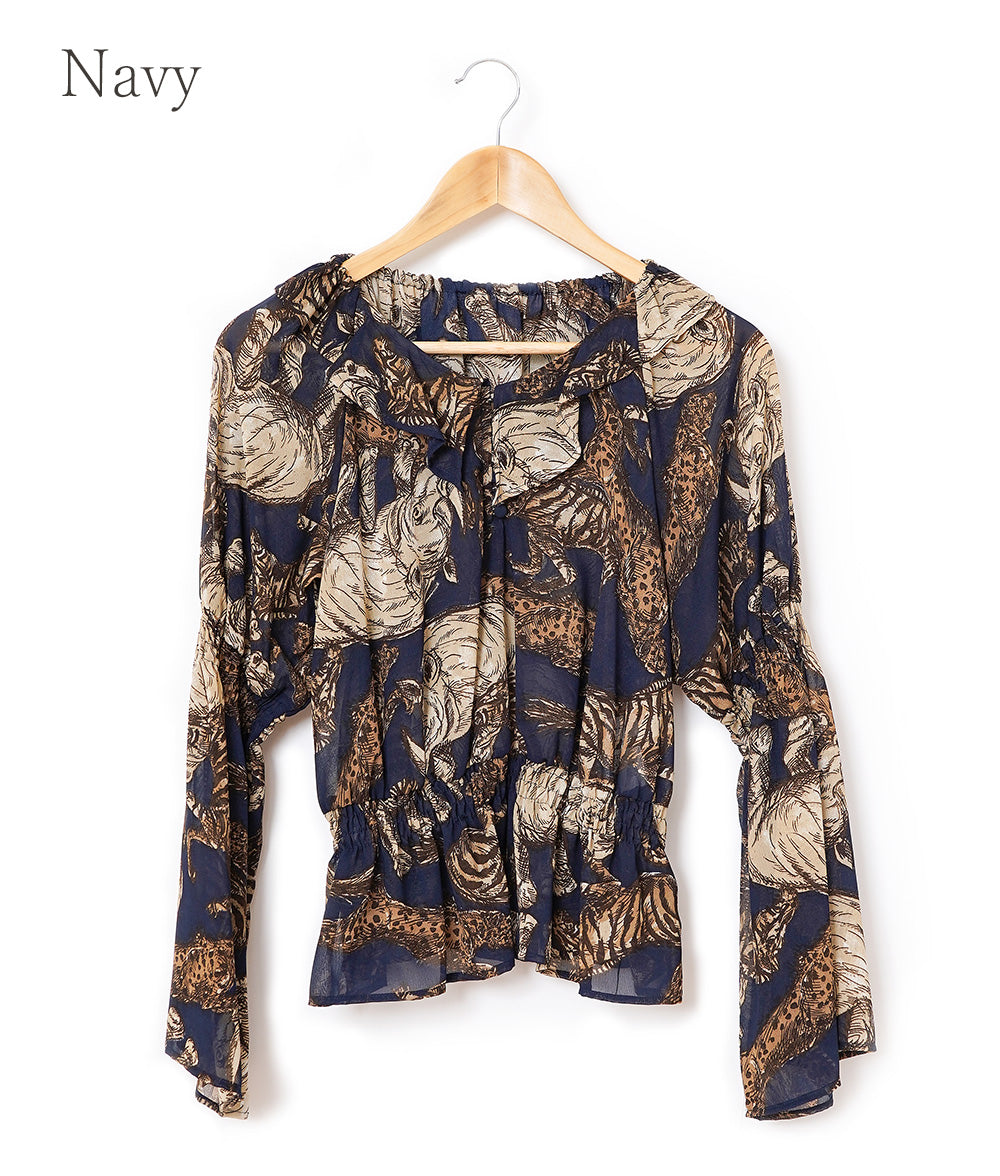 【SALE】Safari print fluffy shirring blouse