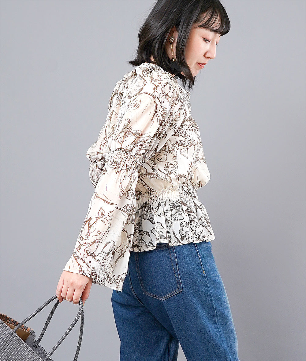 【SALE】Safari print fluffy shirring blouse