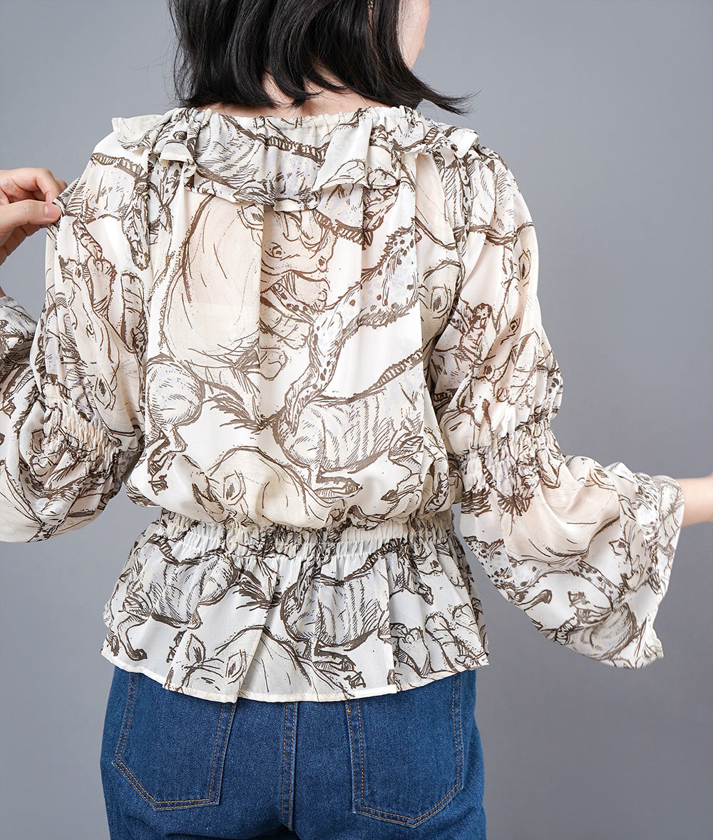 【SALE】Safari print fluffy shirring blouse