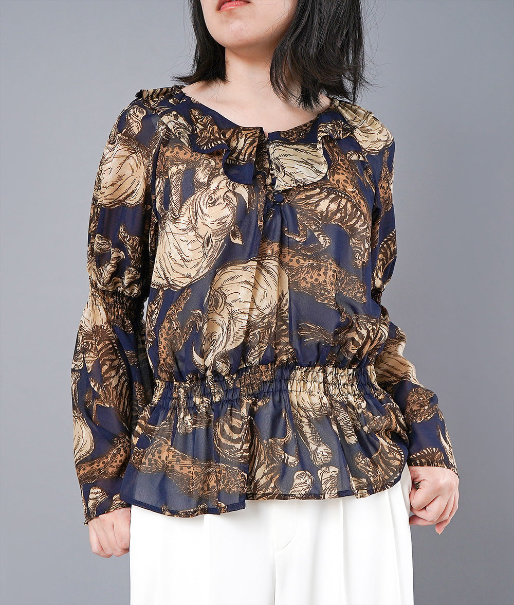 【SALE】Safari print fluffy shirring blouse