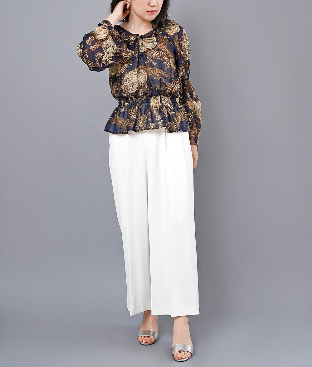 【SALE】Safari print fluffy shirring blouse