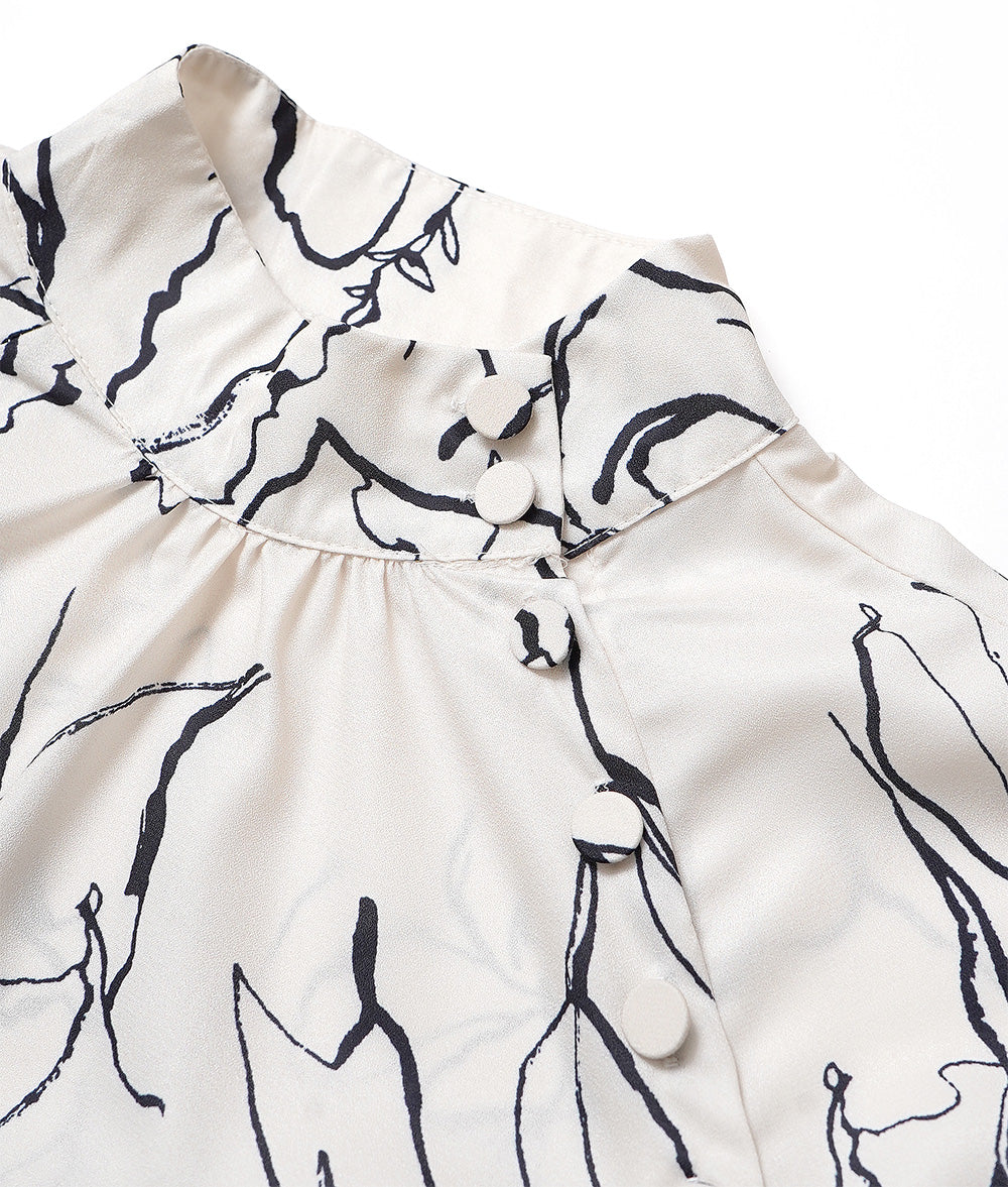 Elegant drawing print blouse with a high collar