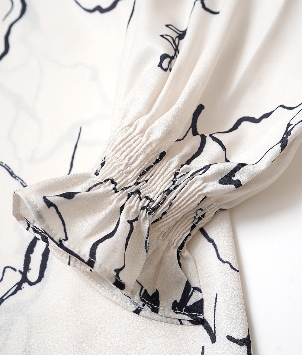 Elegant drawing print blouse with a high collar