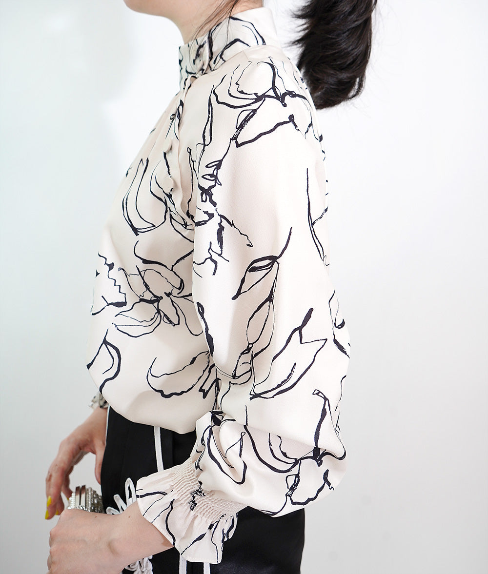 Elegant drawing print blouse with a high collar