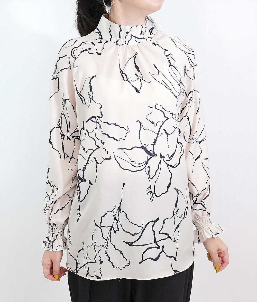 Elegant drawing print blouse with a high collar