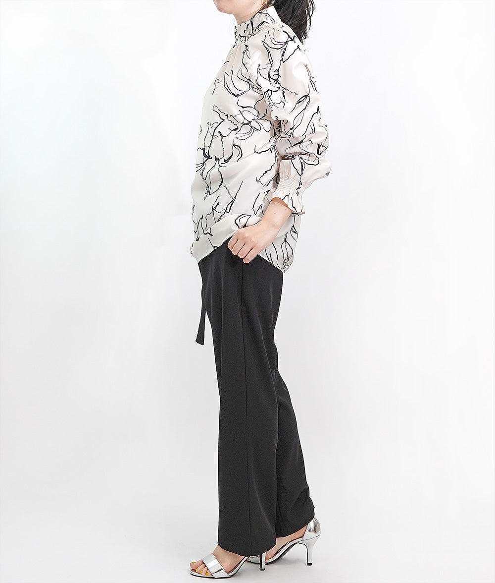 Elegant drawing print blouse with a high collar