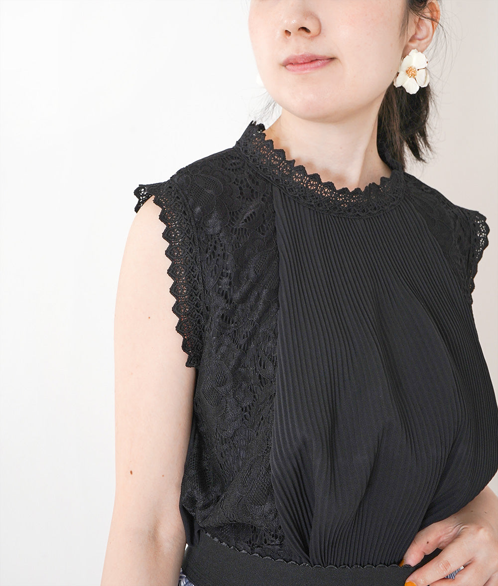 【SALE】Lace and pleated sleeveless blouse