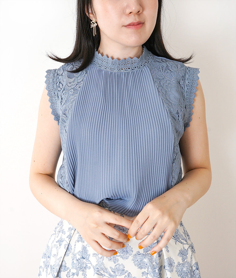 【SALE】Lace and pleated sleeveless blouse