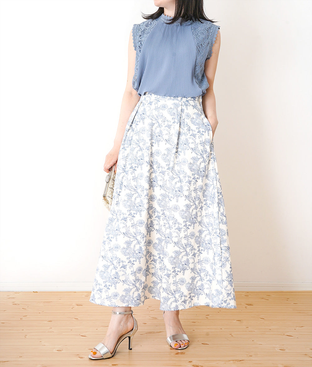 【SALE】Lace and pleated sleeveless blouse