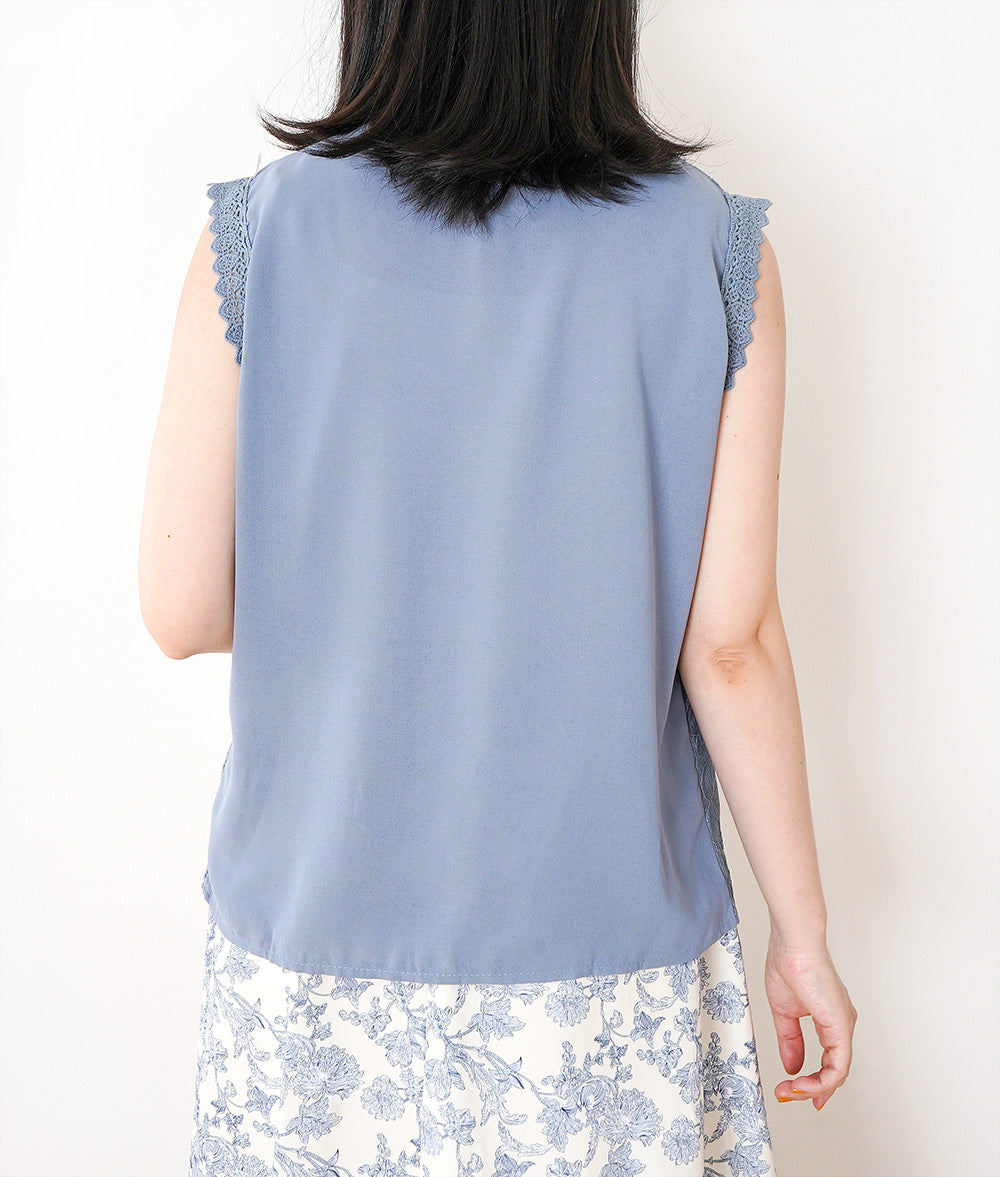 【SALE】Lace and pleated sleeveless blouse