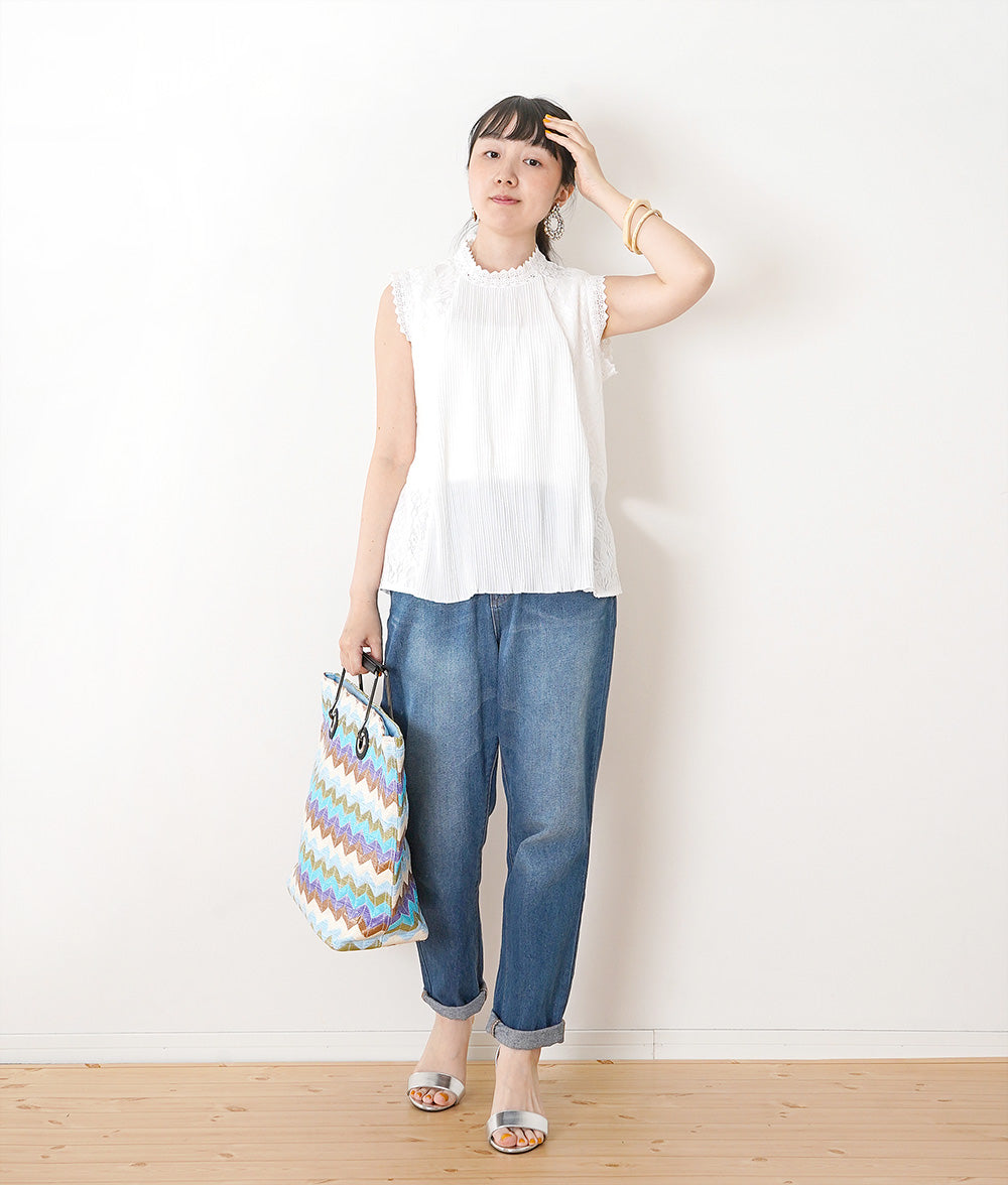【SALE】Lace and pleated sleeveless blouse
