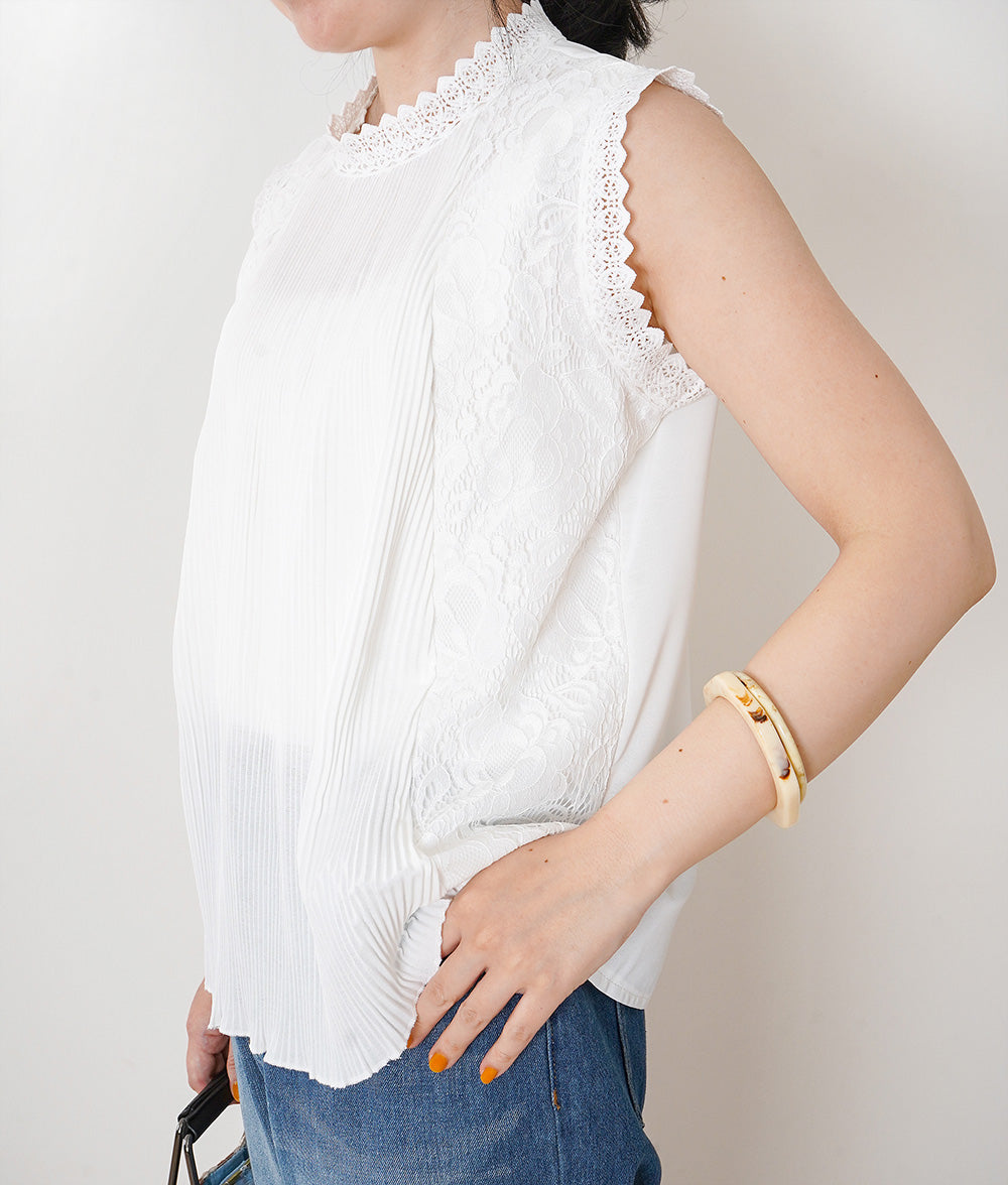 【SALE】Lace and pleated sleeveless blouse