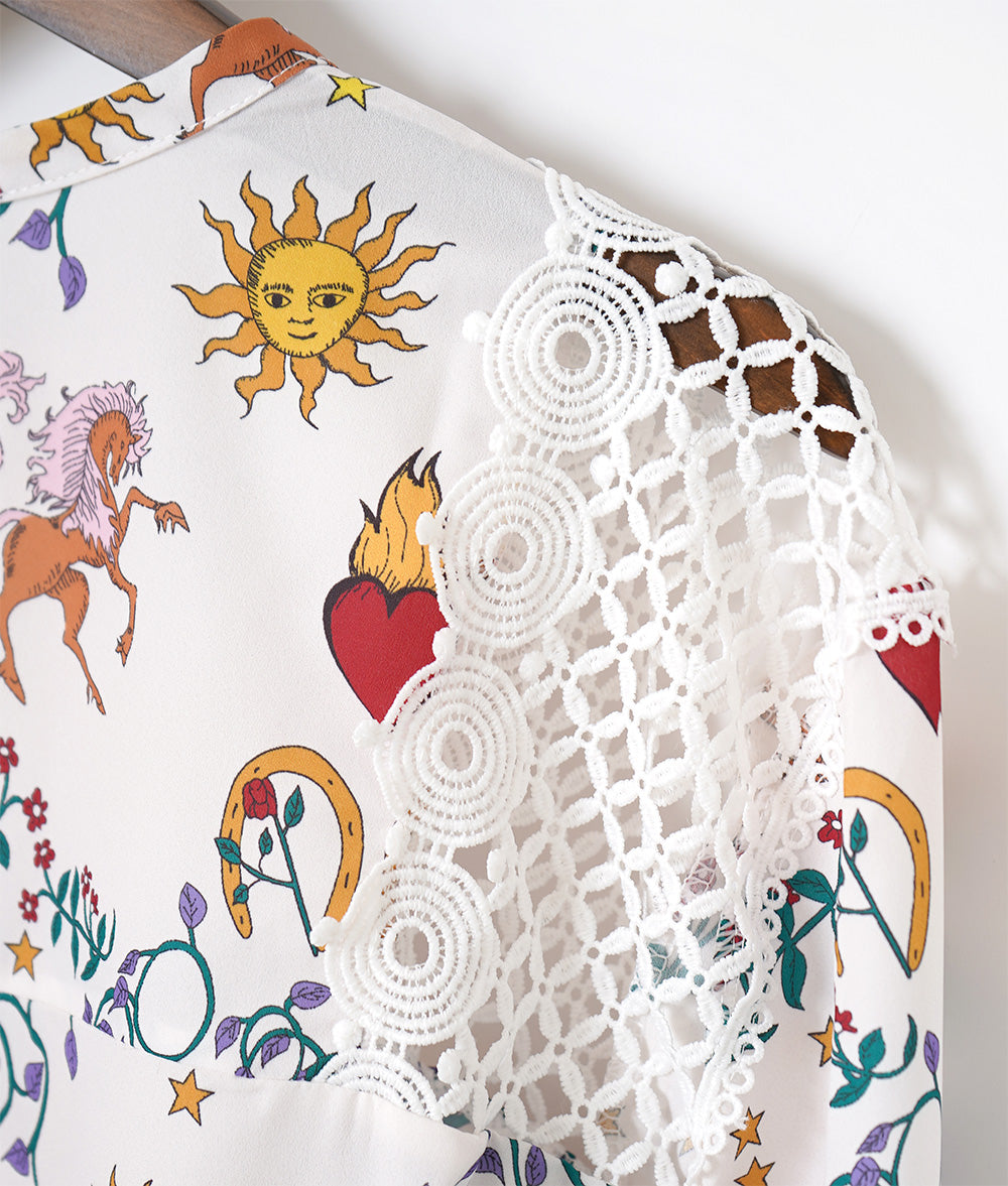 Elegant pattern shirt of the sun and stars with beautiful openwork lace