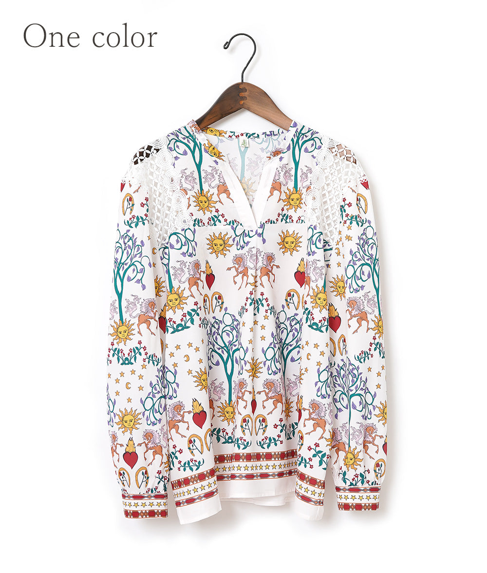 Elegant pattern shirt of the sun and stars with beautiful openwork lace