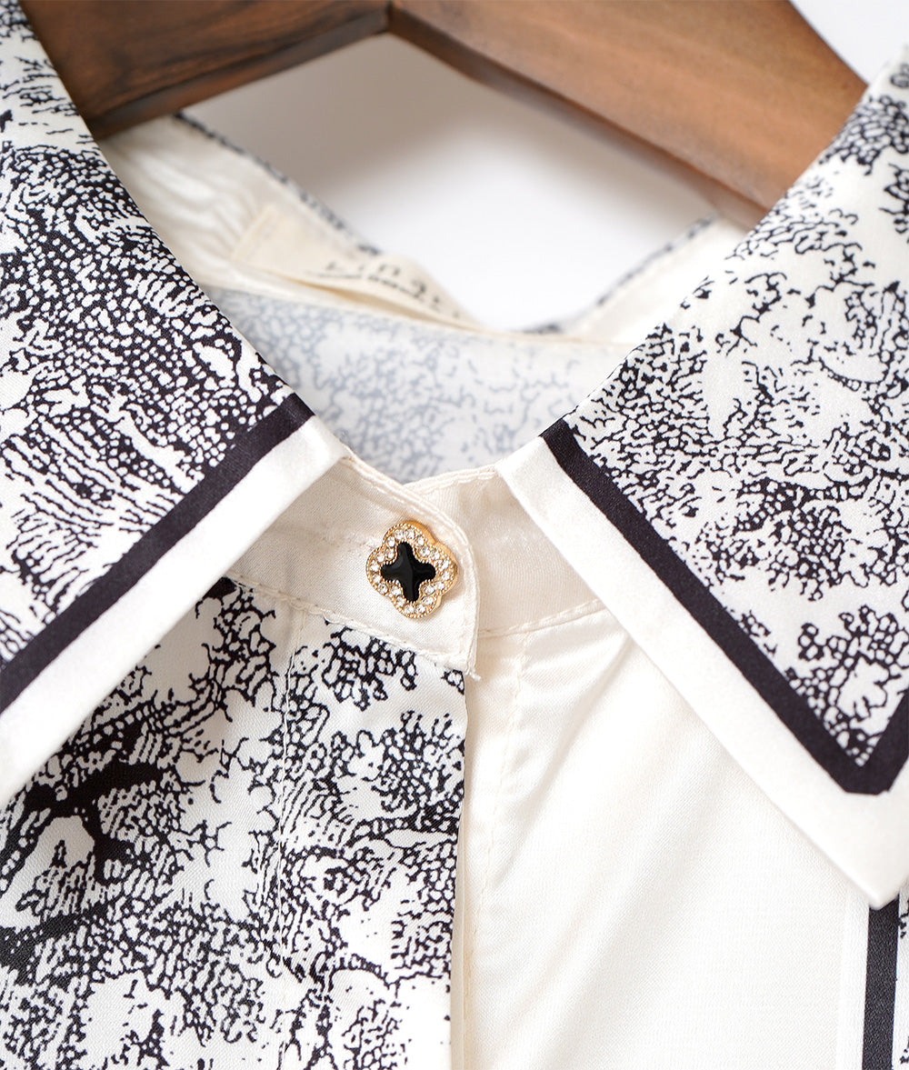 Smooth Glossy Tree Print Bowtie Blouse