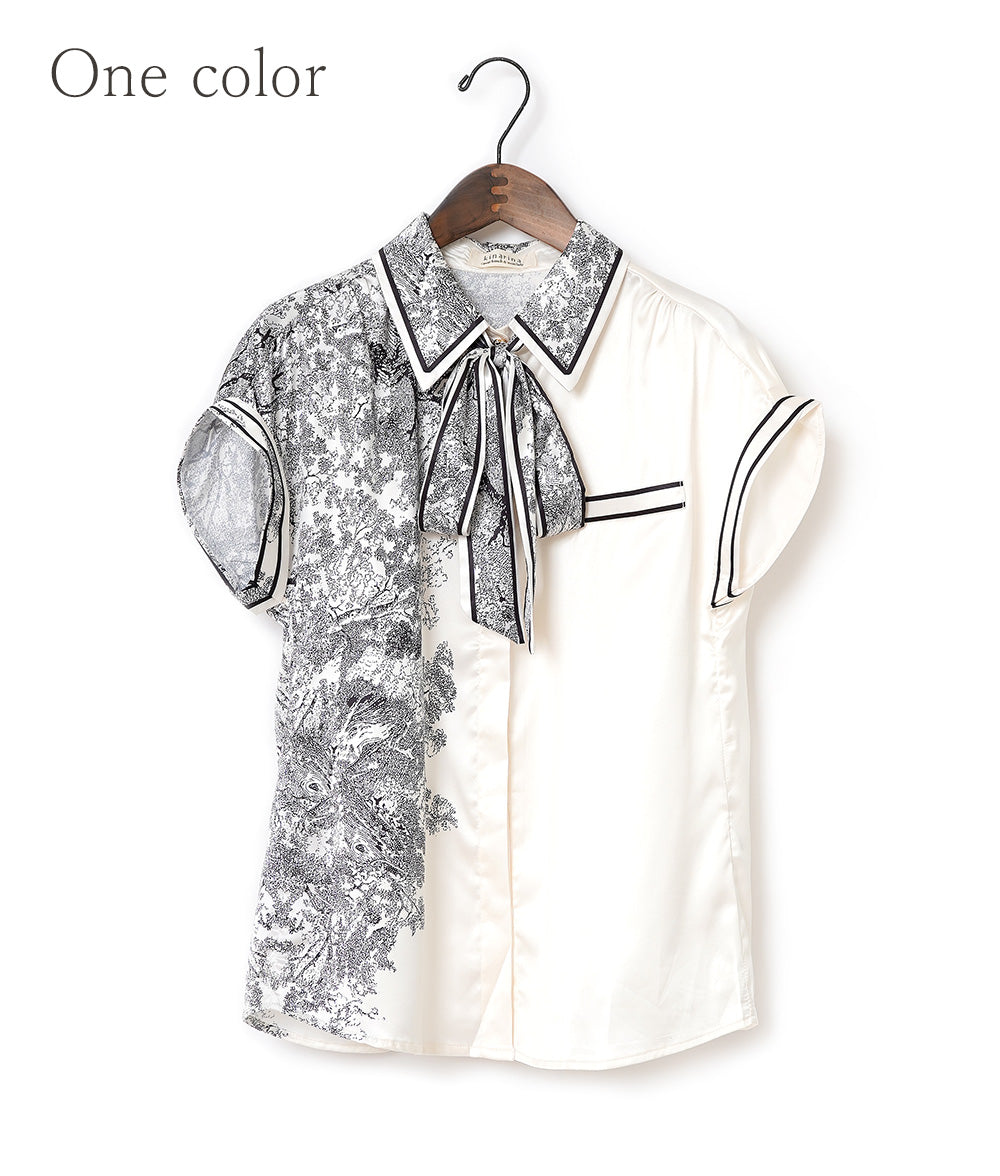 Smooth Glossy Tree Print Bowtie Blouse