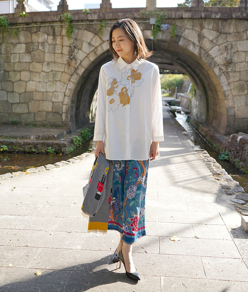 Orange flower embroidered shirt