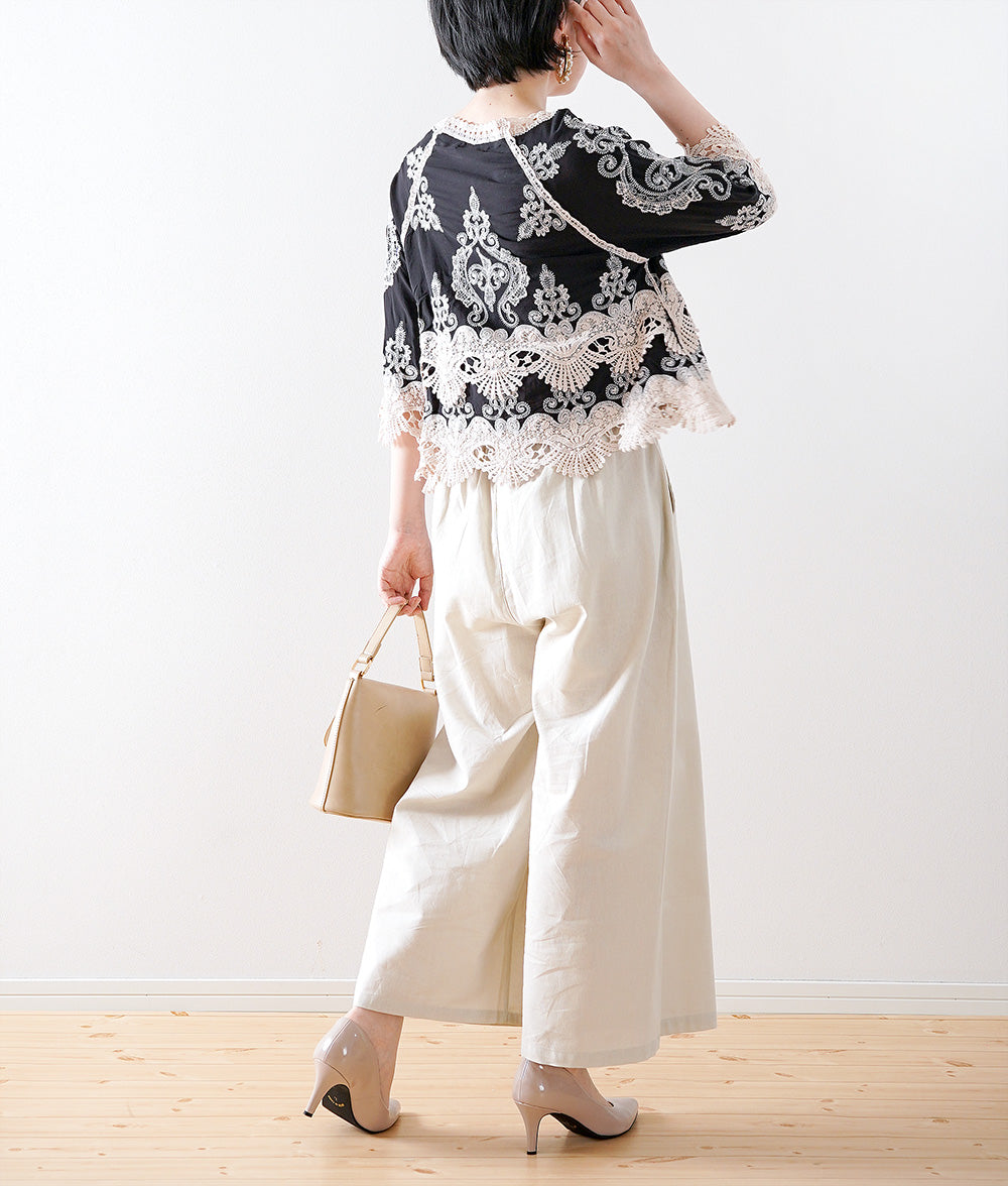 【SALE】Linen blend loose cropped wide pants